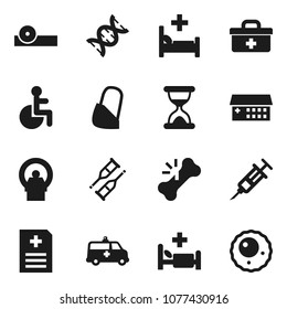 Flat vector icon set - doctor bag vector, disabled, dna, syringe, crutches, broken bone, sand clock, eye hat, anamnesis, hospital bed, building, amkbulance car, tomography, bandage, ovule
