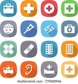 flat vector icon set - doctor bag vector, medical cross, bandaged head, crutch, case, patch, pills blister, ambulance car, ear, hospital, first aid
