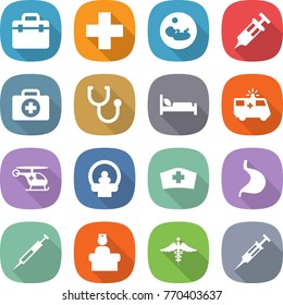 flat vector icon set - doctor bag vector, medical cross, pregnancy, syringe, case, stethoscope, hospital bed, ambulance car, helicopter, tomography, hat, stomach, recieption, sign