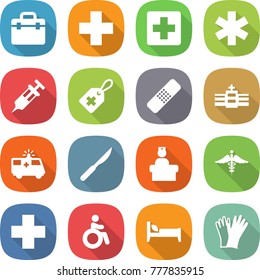 flat vector icon set - doctor bag vector, medical cross, ambulance star, syringe, label, patch, hospital, car, scalpel, recieption, sign, invalid, bed, gloves