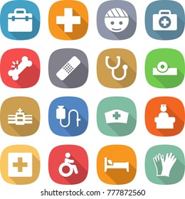 flat vector icon set - doctor bag vector, medical cross, bandaged head, case, broken bone, patch, stethoscope, reflector, hospital, dropper, hat, recieption, first aid, invalid, bed, gloves