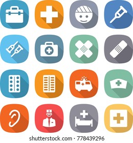 flat vector icon set - doctor bag vector, medical cross, bandaged head, crutch, case, patch, pills blister, ambulance car, hat, ear, hospital, first aid