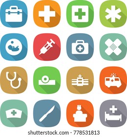 flat vector icon set - doctor bag vector, medical cross, ambulance star, pregnancy, syringe, case, patch, stethoscope, head reflector, hospital, car, hat, scalpel, recieption