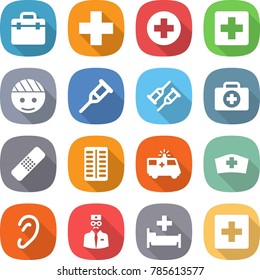 flat vector icon set - doctor bag vector, medical cross, bandaged head, crutch, case, patch, pills blister, ambulance car, hat, ear, hospital, first aid