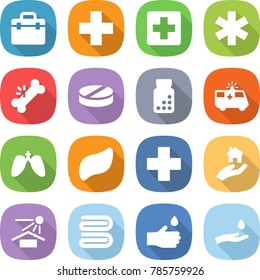 flat vector icon set - doctor bag vector, medical cross, ambulance star, broken bone, pill, pills bottle, car, lungs, liver, real estate, sun potection, towel, hand drop, and
