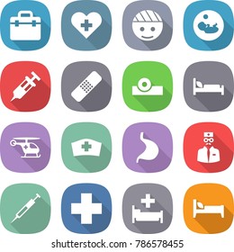 flat vector icon set - doctor bag vector, heart cross, bandaged head, pregnancy, syringe, medical patch, reflector, hospital bed, ambulance helicopter, hat, stomach