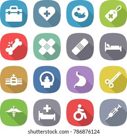 flat vector icon set - doctor bag vector, heart cross, pregnancy, medical label, broken bone, patch, hospital bed, tomography, stomach, surgical clamp, ambulance sign, invalid, syringe