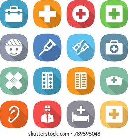 flat vector icon set - doctor bag vector, medical cross, bandaged head, crutch, case, patch, pills blister, hat, ear, hospital, first aid