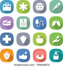 flat vector icon set - doctor bag vector, ambulance star, bandaged head, medical thermometer, pill, recipe, dropper, lungs, cross, berry, apple, hand leaf, strawberry, drop, soap, liquid