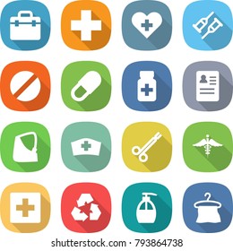 flat vector icon set - doctor bag vector, medical cross, heart, crutch, pill, pills bottle, anamnesis, broken hand, hat, surgical clamp, ambulance sign, first aid, recycling, liquid soap, hanger
