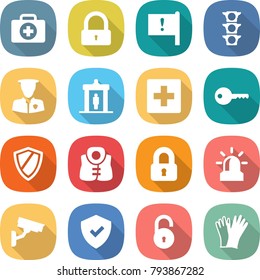 flat vector icon set - doctor case vector, lock, important flag, traffic light, security man, detector, first aid, key, shield, life vest, locked, alarm, surveillance camera, unlock, gloves