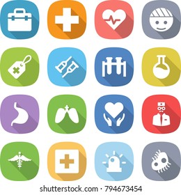 flat vector icon set - doctor bag vector, medical cross, heart pulse, bandaged head, label, crutch, test vial, flask, stomach, lungs, health care, ambulance sign, first aid, siren, microb