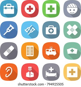 flat vector icon set - doctor bag vector, medical cross, bandaged head, crutch, case, patch, pills blister, ambulance car, hat, ear, hospital, first aid