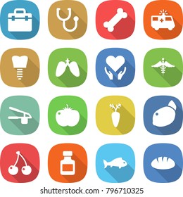 flat vector icon set - doctor bag vector, stethoscope, bone, ambulance car, tooth implant, lungs, health care, sign, garlic clasp, tomato, carrot, lemon, cherry, pills bottle, fish, bread