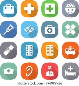 flat vector icon set - doctor bag vector, medical cross, bandaged head, crutch, case, patch, pills blister, ambulance car, hat, ear, hospital