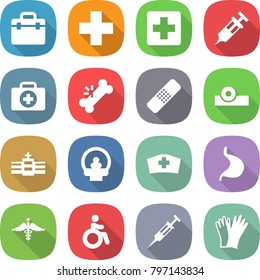 flat vector icon set - doctor bag vector, medical cross, syringe, case, broken bone, patch, head reflector, hospital, tomography, hat, stomach, ambulance sign, invalid, gloves