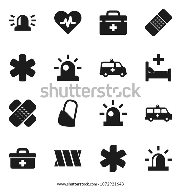Flat\
vector icon set - doctor bag vector, ambulance star, heart pulse,\
patch, hospital bed, amkbulance car, bandage,\
siren