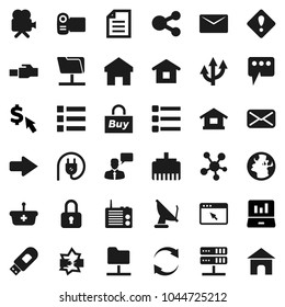 Flat vector icon set - document vector, laptop graph, dollar cursor, earth, video camera, speaking man, social media, mail, disconnection, network folder, server, browser, menu, usb modem, share