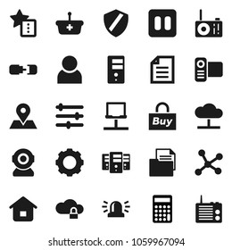 Flat vector icon set - document vector, calculator, map pin, video camera, pause button, network, notebook, cloud, lock, server, gear, equalizer, shield, favorites, connection, user, siren, buy, web