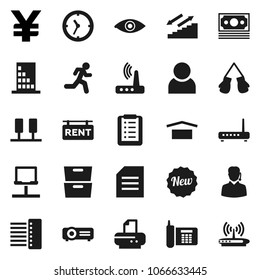 Flat vector icon set - document vector, archive, yen sign, boxing glove, stairways run, money, phone, clock, dry cargo, eye, server, notebook network, hub, router, user, rent signboard, building