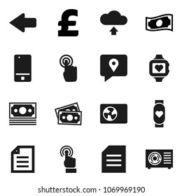 Flat vector icon set - document vector, cash, pound, heart monitor, money, traking, mobile phone, touchscreen, arrow, cloud upload, ari condition