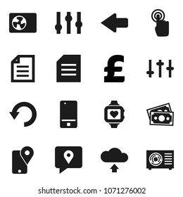 Flat vector icon set - document vector, pound, heart monitor, money, traking, settings, mobile phone, touchscreen, arrow, undo, cloud upload, ari condition
