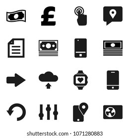 Flat vector icon set - document vector, cash, pound, heart monitor, money, traking, settings, mobile phone, touchscreen, arrow, undo, cloud upload, ari condition