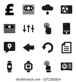 Flat vector icon set - document vector, cash, pound, heart monitor, money, traking, settings, mobile phone, touchscreen, arrow, undo, cloud upload, ari condition
