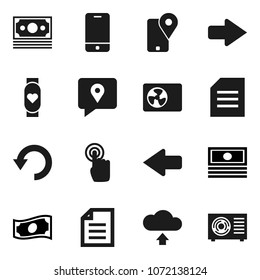 Flat vector icon set - document vector, cash, heart monitor, money, traking, mobile phone, touchscreen, arrow, undo, cloud upload, ari condition