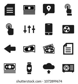 Flat vector icon set - document vector, cash, heart monitor, money, traking, settings, mobile phone, touchscreen, arrow, cloud upload, ari condition