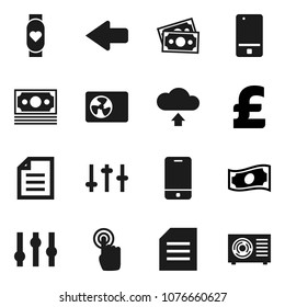 Flat vector icon set - document vector, cash, pound, heart monitor, money, settings, mobile phone, touchscreen, arrow, cloud upload, ari condition