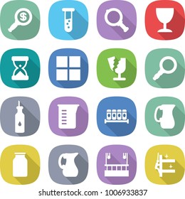 flat vector icon set - dollar magnifier vector, vial, wineglass, sand clock, window, broken, vegetable oil, measuring cup, spices, jug, bank, skysrcapers cleaning, skyscrapers