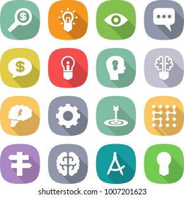 flat vector icon set - dollar magnifier vector, bulb, eye, message, money, head, brain, gear, target, chip, singlepost, draw compass