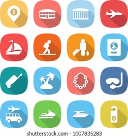 flat vector icon set - dollar pin vector, airport building, plane, sail boat, tourist, passenger, passport, suitcase, island, hawaiian wreath, diving mask, transfer, jet ski, yacht, do not distrub