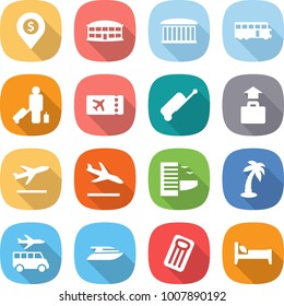 flat vector icon set - dollar pin vector, airport building, bus, passenger, ticket, suitcase, baggage, departure, arrival, hotel, palm, transfer, yacht, inflatable mattress, bed