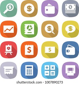 flat vector icon set - dollar magnifier vector, wallet, money, statistics, annual report, arrow, message, presentation, receipt, atm, calculator