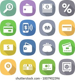 flat vector icon set - dollar magnifier vector, wallet, money, percent, tap to pay, phone, crypto currency, credit card, receipt, purse, pin, safe