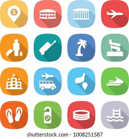flat vector icon set - dollar pin vector, airport building, plane, passenger, suitcase, palm, aquapark, hotel, transfer, golf, jet ski, flip flops, do not distrub, inflatable pool