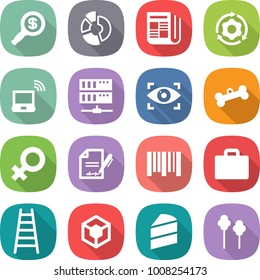 flat vector icon set - dollar magnifier vector, circle diagram, newspaper, around gear, notebook wireless, server, eye identity, bone, female sign, inventory, bar code, suitcase, ladder, 3d, cake