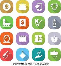 flat vector icon set - dollar vector, purse, touch, hex molecule, mansion, tax, do not trolley sign, remote control, mirror, curtain, coffee maker, electric magnet, welding, rag, harvest, sow