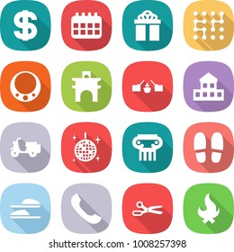 flat vector icon set - dollar vector, calendar, gift, chip, necklace, arch, drawbridge, cottage, scooter shipping, disco ball, antique column, slippers, phone, scissors, fire