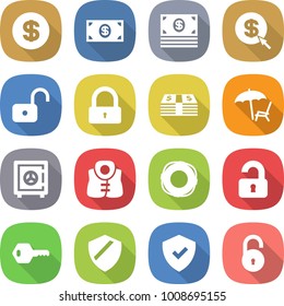 flat vector icon set - dollar vector, money, arrow, unlock, lock, lounger, safe, life vest, lifebuoy, unlocked, key, shield
