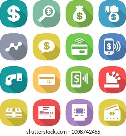 flat vector icon set - dollar vector, magnifier, money bag, gift, graph, message, tap to pay, phone, hand coin, credit card, mobile, cashbox, invoice, atm