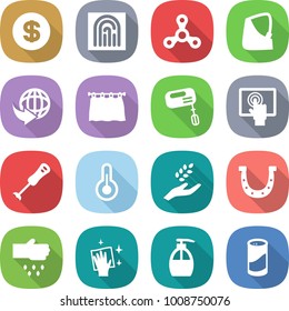 flat vector icon set - dollar vector, fingerprint, spinner, broken hand, delivery, curtain, mixer, touchscreen, blender, thermometer, harvest, horseshoe, sow, wiping, liquid soap, cleanser powder