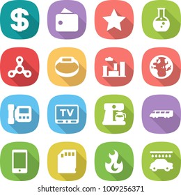 flat vector icon set - dollar vector, wallet, star, round flask, spinner, smart bracelet, city, globe, intercome, tv, coffee maker, speed train, phone, sd card, fire, car wash