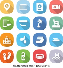 flat vector icon set - dollar pin vector, airport building, passport, ticket, hotel, lounger, palm, aquapark, golf, cruise ship, yacht, flip flops, do not distrub, inflatable pool