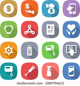 flat vector icon set - dollar vector, investment, money gift, touch, hex molecule, spinner, anamnesis, health care, handwheel, remote control, mixer, touchscreen, blender, sprayer, cleanser powder