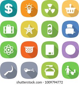 flat vector icon set - dollar vector, bulb, nuclear, basket, suitcase, starfish, do not distrub, toaster, atom, colander, kitchen scales, cookies, sickle, blower, washing powder, toilet cleaning