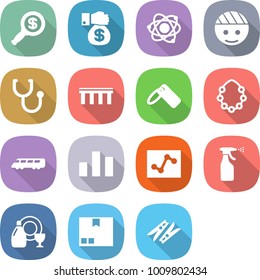 flat vector icon set - dollar magnifier vector, money gift, atom, bandaged head, stethoscope, bridge, label, hawaiian wreath, speed train, chart, analytics, sprayer, dish cleanser, package