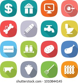 flat vector icon set - dollar vector, gift, monitor arrow, cell corection, broken bone, pencil, water tap, toilet, welcome mat, salt pepper, potato, chicken leg, cow, berry, fork, fence